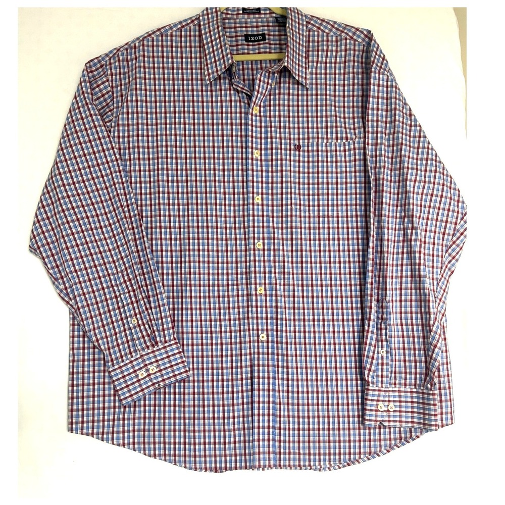 IZOD Mens XXL Easy Care Plaid Button Down Shirt Red White Blue Long Sleeve